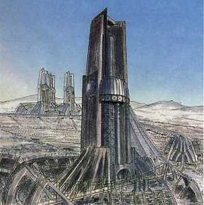 Image of Hyperbuilding arcology done by Paolo Soleri. (http://utopies.skynetblogs.be/archive/2009/02/15/paolo-soleri-arcology-babel-et-hyperbuilding.html)